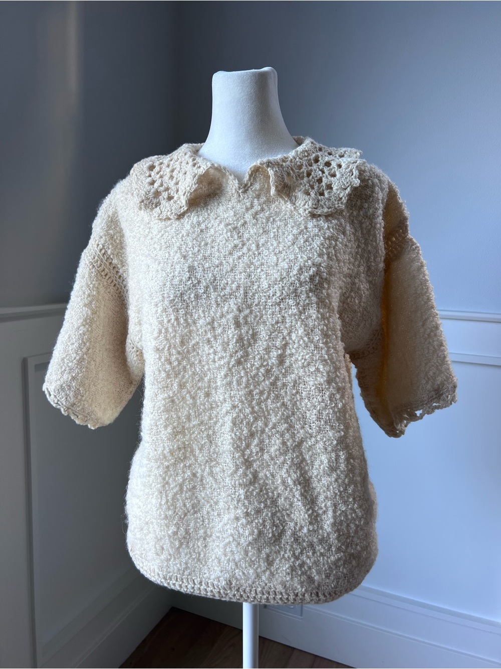 Cream Textured Knit Sweater with Crochet Collar